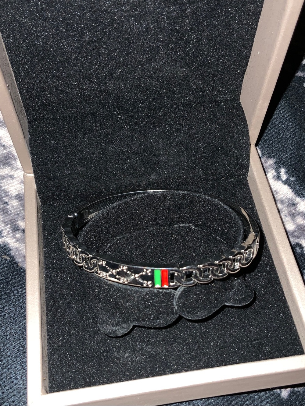 Silver Chain-Link Bangle Bracelet with Red & Green Accent